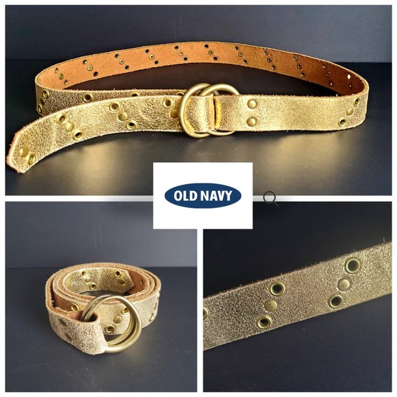 Women's Gold Metallic Leather Belt w/ Grommets & Adjustable Double Ring Buckle - Picture 1 of 7